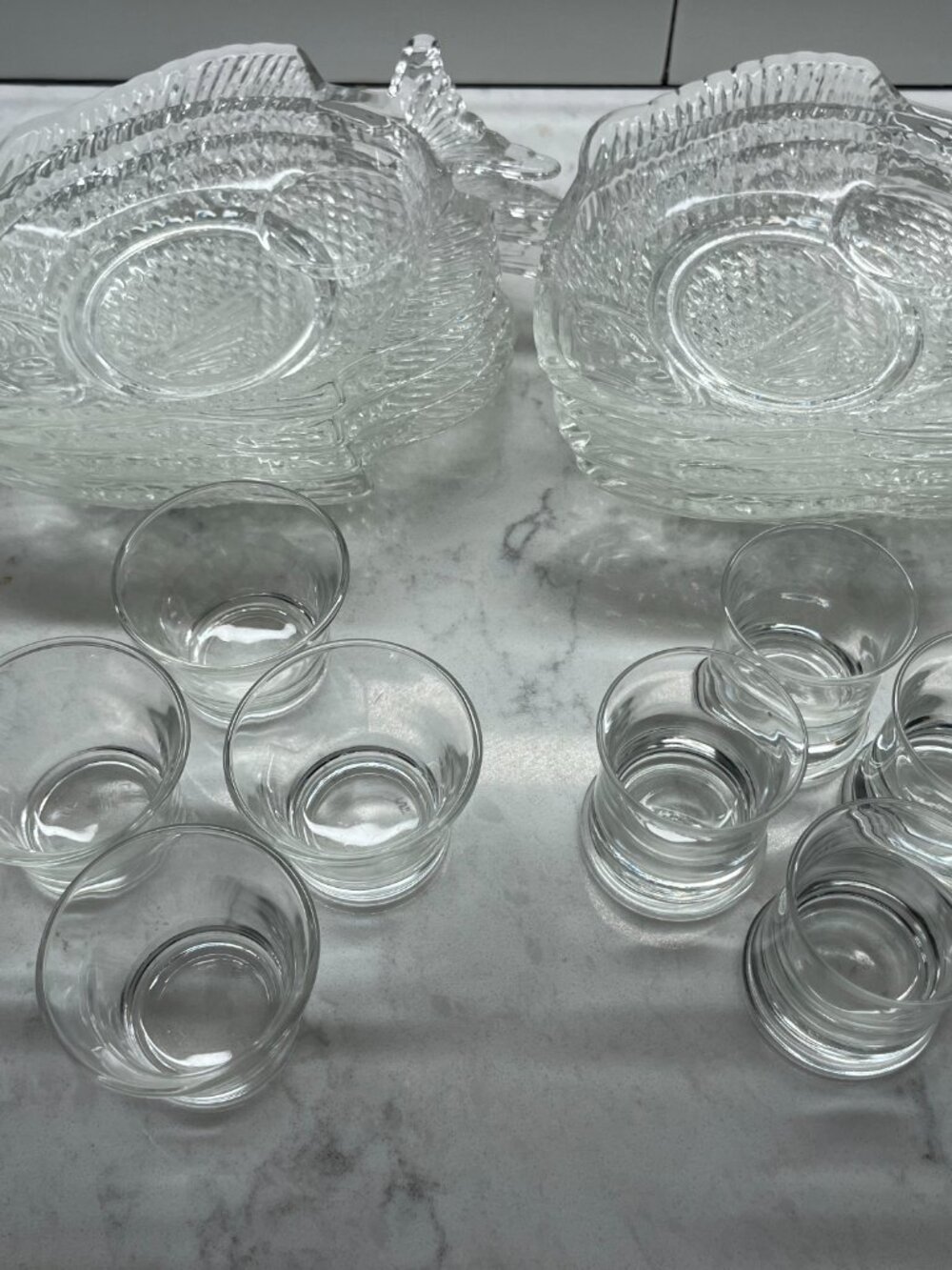 Vintage Clear Glass Fish Shaped Appetizer Snack Plates w/Dipping Cups, Set of 8